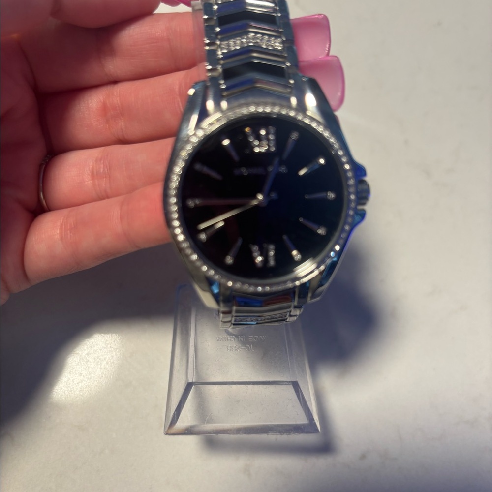 Michael Kors Silver and Black Watch with Textured Bezel